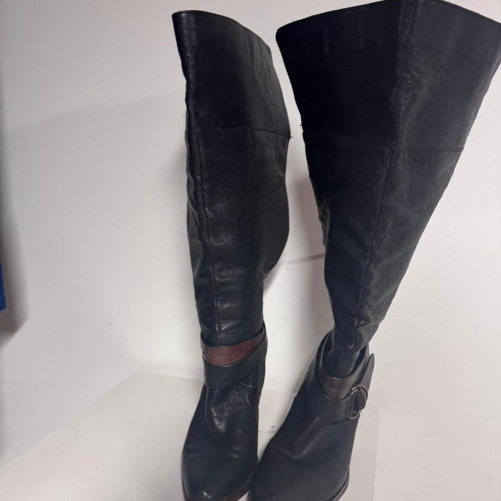 Steve Madden black leather knee-high boots with buckle detail
